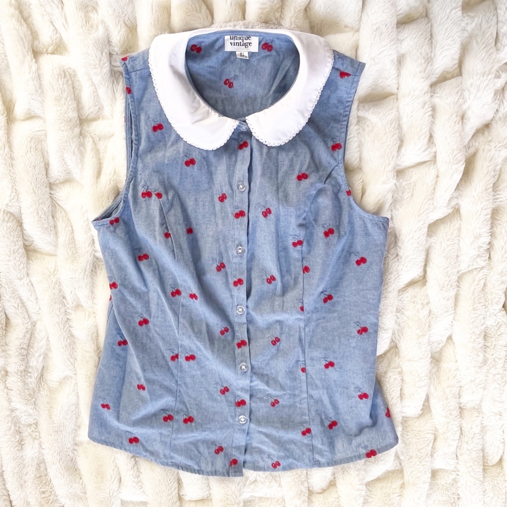 Unique Vintage Chambray Cherry Print Tuscadero Sleeveless Button Down Top